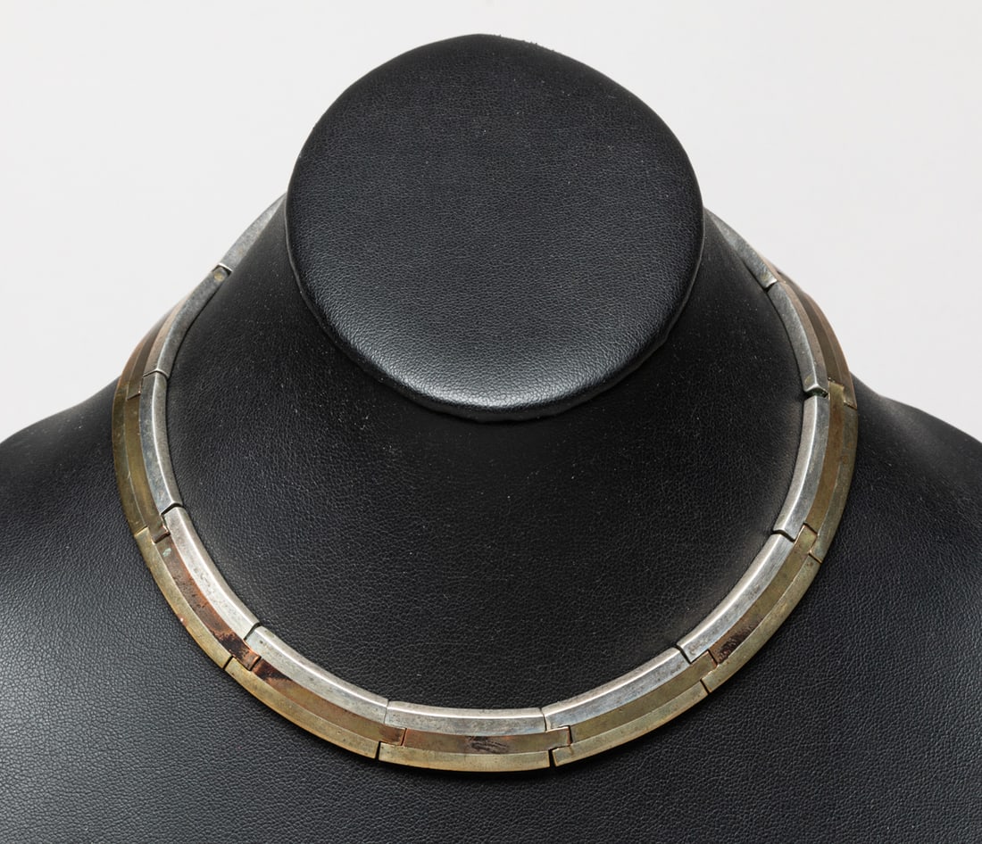 Mexico Silver & Bronze Necklace: Designed Mexico silver and bronze choker necklace. Approx. 135 gram.