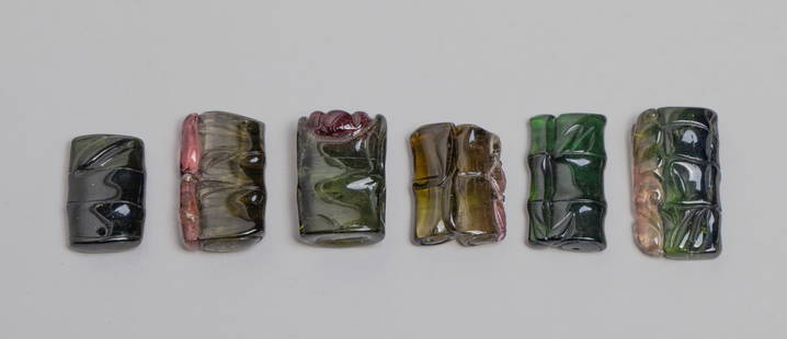 Vintage Chinese Tourmaline Carved Bamboo: Group of 6 Chinese tourmaline toggles carved in bamboo form. Approx. 22 gram (total weight).