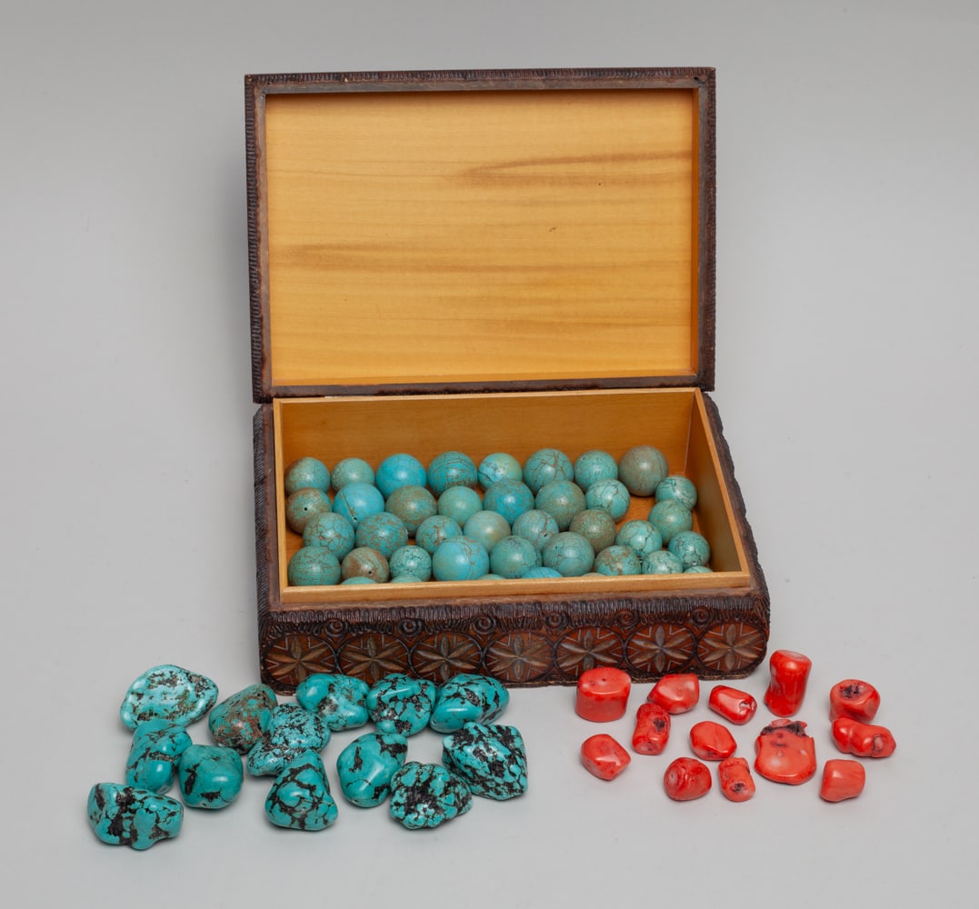 Box of Tibetan Beads: A large group of Tibetan beads and nuggets, with a box. Approx. 7.8-5.4-2.5 inch (box size).