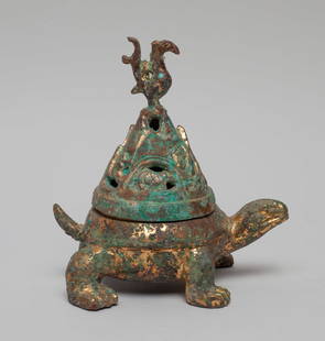 Chinese Gilt Bronze Censer: Chinese gilt bronze censer, cast in tortoise form, the reticulated lid set with a bird form knob. Approx. 5.5-5.1-3.4 inch.