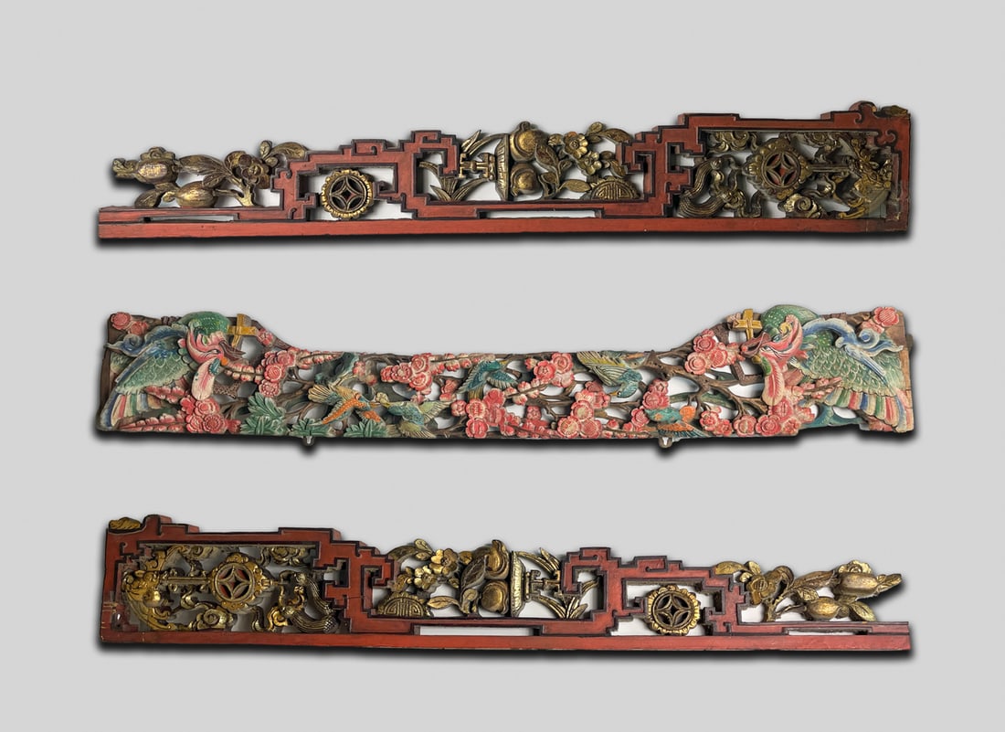 Collectible Chinese Antique Wood Carvings: Group of three Chinese antique wood carvings, each carved in openwork with blooming flowers and birds. Approx. 49.5-7 inch (largest).