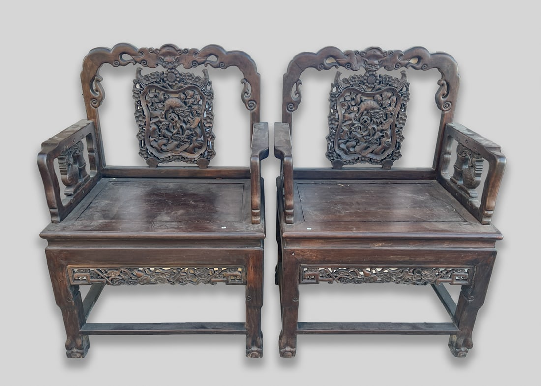 Pair Chinese Heavy Wood Chairs (1 of 11)