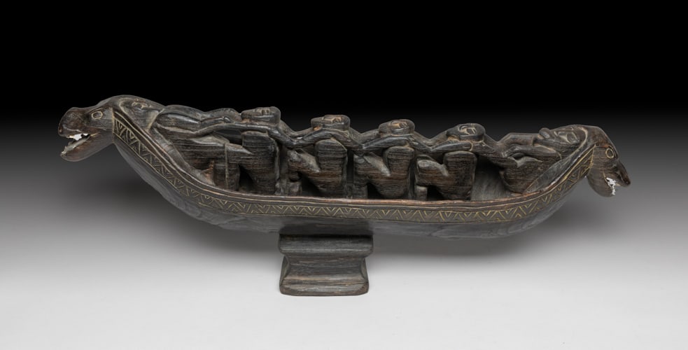 Antique African Hemba Wood Boat: Antique African Hemba type wood sculpture of figures on boat. Approx. 27.2-10-6 inch.