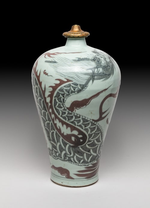 Korean Porcelain Blue White & Red Dragon Vase: Of baluster form, the exterior painted with a four-clawed dragon sinuous amidst clouds, set with a metal mouth. Approx. 13.2-7.5 inch.