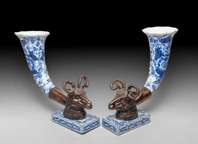 Two Porcelain Ram Head Cornucopia Vases (1 of 9)