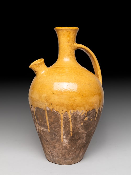 Old Spanish Glazed Stoneware Water Pot: Spanish type yellow glazed stoneware water pot. Approx. 17.5-9.5 inch.