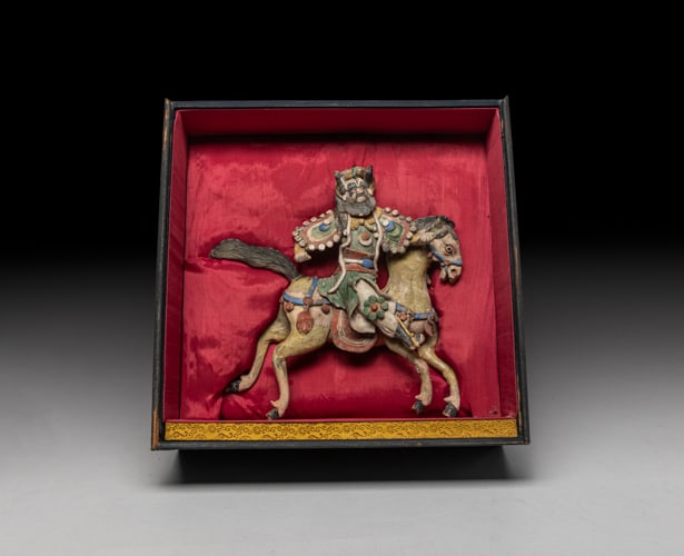 Antique Chinese Stoneware Roof Tile: Chinese stoneware roof tile molded in form of a figure riding on a horse, with box. Approx. 12.5-12.5-4.5 inch (box size).