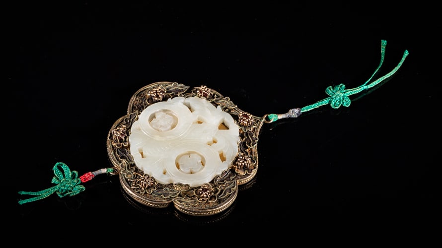 Large Chinese Sterling Pendant Inlaid Jade (1 of 13)