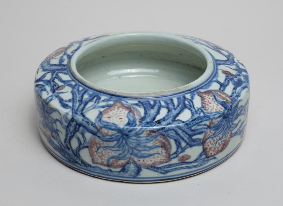 Chinese Blue White & Red Porcelain Washer: Of compressed form, the exterior painted with blossoming and fruiting peach tree stems. Approx. 7.2-2.6 inch.