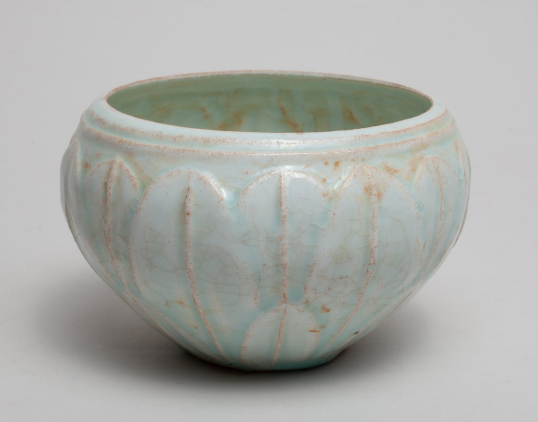 Chinese Shipwreck Hutian Porcelain Washer: Of tapered ovoid form, the exterior carved with overlapping lotus petals, covered in crackled pale sea-green glaze. Approx. 4.8-3 inch.