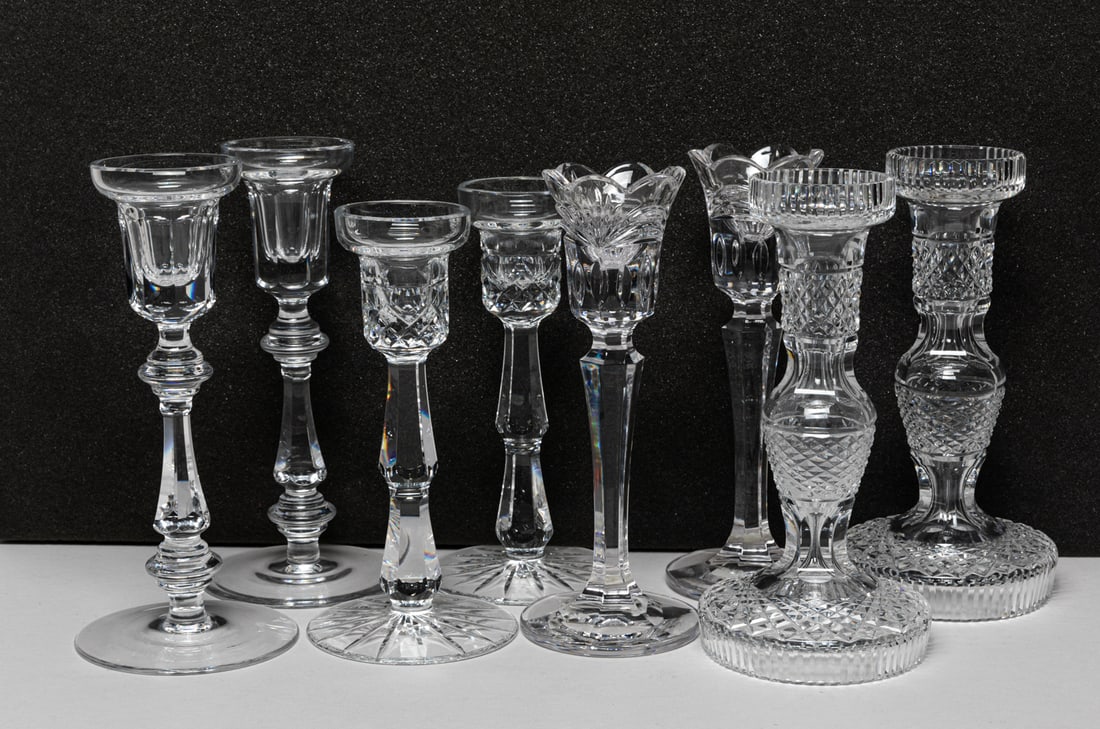 Set Waterford Crystal Candlesticks: Set of 4 pairs of vintage Waterford crystal glass candlestick holders. Size varies.