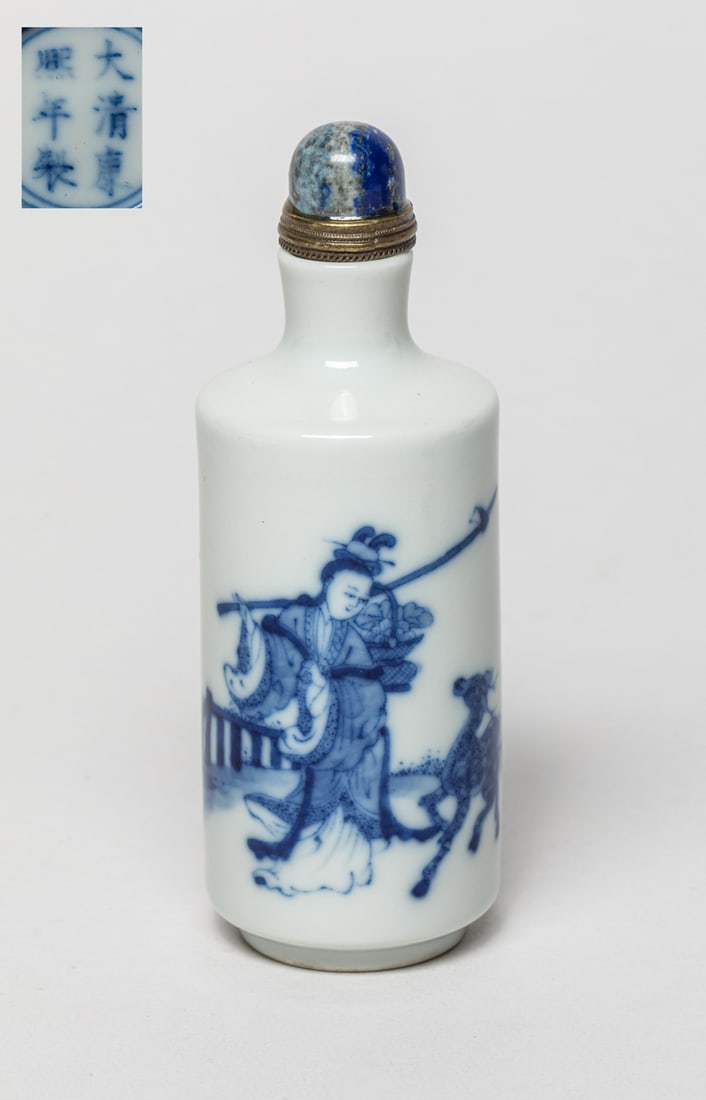 Chinese Blue & White Porcelain Snuff Bottle: Of cylindrical form, the exterior painted with a female and a deer, the bottom marked with six characters enclosed in double circles, with stopper. Approx. 3.4-1.4 inch.