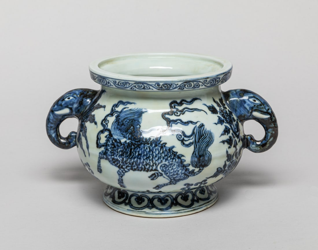Chinese Temple Used Porcelain Censer: The vase exterior painted with qilin, flowers, leaves and rockery, flanked with a pair of elephant head form handles. Approx. 5.6-9-6.5 inch.