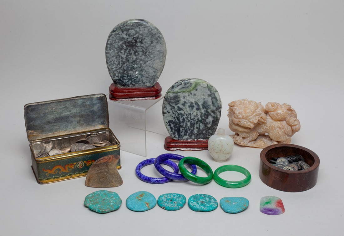 Estate Chinese Fengshui Coins & Bangles: Including Chinese Fengshui coins, stone sculptures, bangles, and carvings. Size varies.