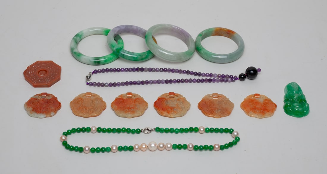 Estate Chinese Color Stone Jewelry: Including color stone bangles, bead necklaces, and pendants carved in ruyi, Buddha or Daoist form. Size varies.