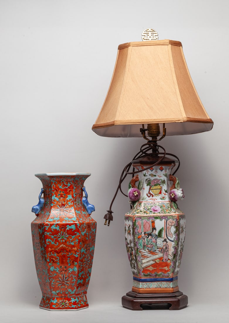 Two Chinese Porcelain Lamps: One lamp vase painted with lotus sprays with two beast handles, the other painted with figures or birds and flowers, with two pomegranate form handles. Approx. 27.5-12.5-12.5 inch (larger with lamp sh