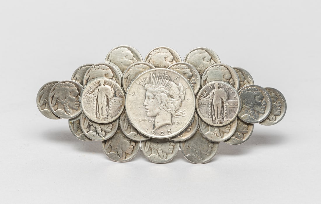 Designed American Coins Belt Buckle: A collectible belt buckle formed with size-vary American coins. Approx. 5.4-2.5 inches.