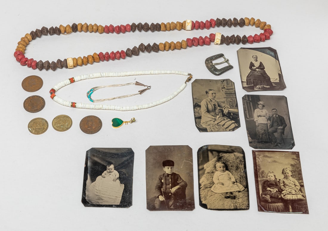 Old Coins, Trade Beads & Tin Photos: Including one ring of colored trade beads, one necklace, one wrist lace, coins and tin photos. Sizes vary.