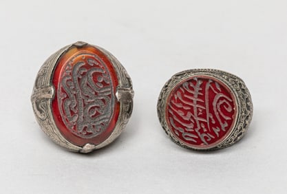 Two Asian Intaglio Cameo Agate Rings