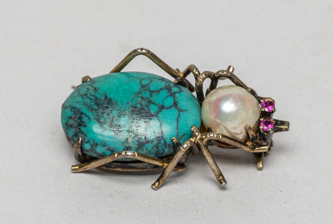Turquoise, Sea Pearl & Ruby Bug Pin (1 of 9)