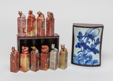 Chinese Antique Porcelain Box w/ Shoushan Stones