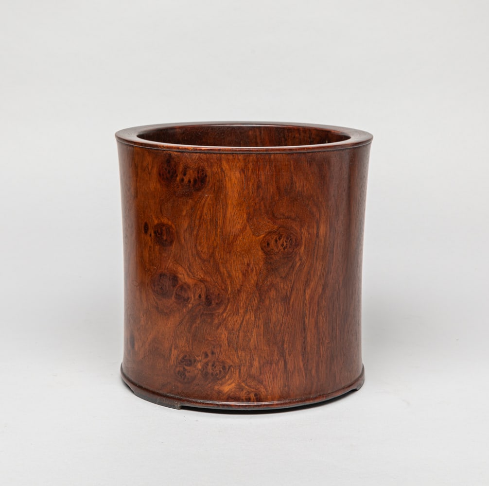 Chinese Wood Brush Pot: Chinese Wood Brush Pot in cylindrical form, with a circular pierced hole on bottom, a movable stopper for the hole. Approx. 7.8-7.9 inch.