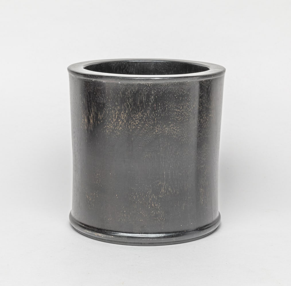 Chinese Wood Brush Pot: Chinese Wood Brush Pot in cylindrical form, with a circular pierced hole on bottom, a movable stopper for the hole. Approx. 6.3-6.5 inch.