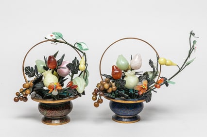 Pair Chinese Cloisonne, Jade & Stone Bonsai