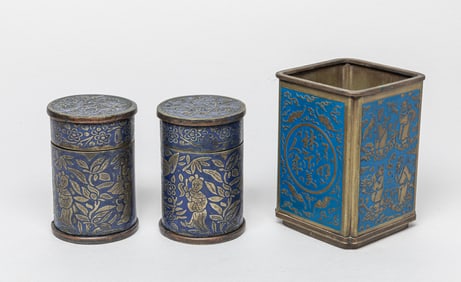 Estate Chinese Enameled Brass Pot & Boxes
