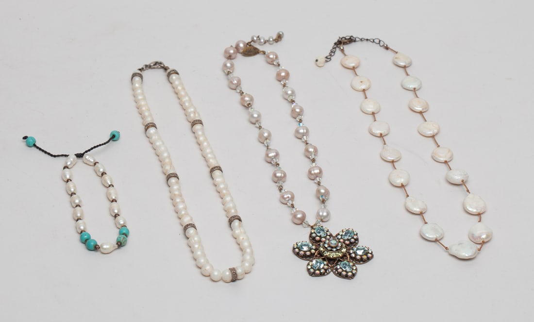 Group of Four Sea Pearl Necklaces/Wristlace: Including three rings of sea pearl necklaces, one sea pearl wrist lace. Sizes vary. Approx. 16.5 inches (Longest).
