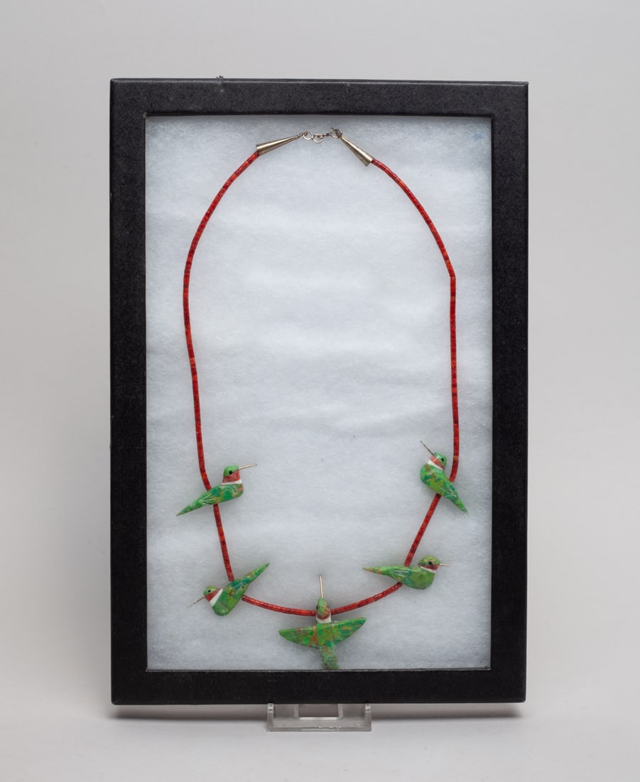 Rare Gemstone Hummingbird Necklace: Collectible gemstone hummingbirds on red bead necklace, Matt Mitchell type, with case. 23inch L.