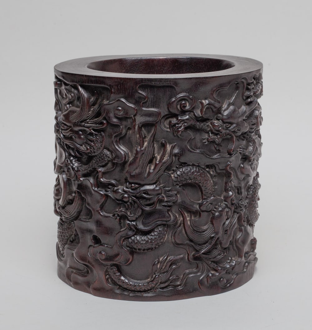Lg Chinese Carved Wood Brush Pot (1 of 10)