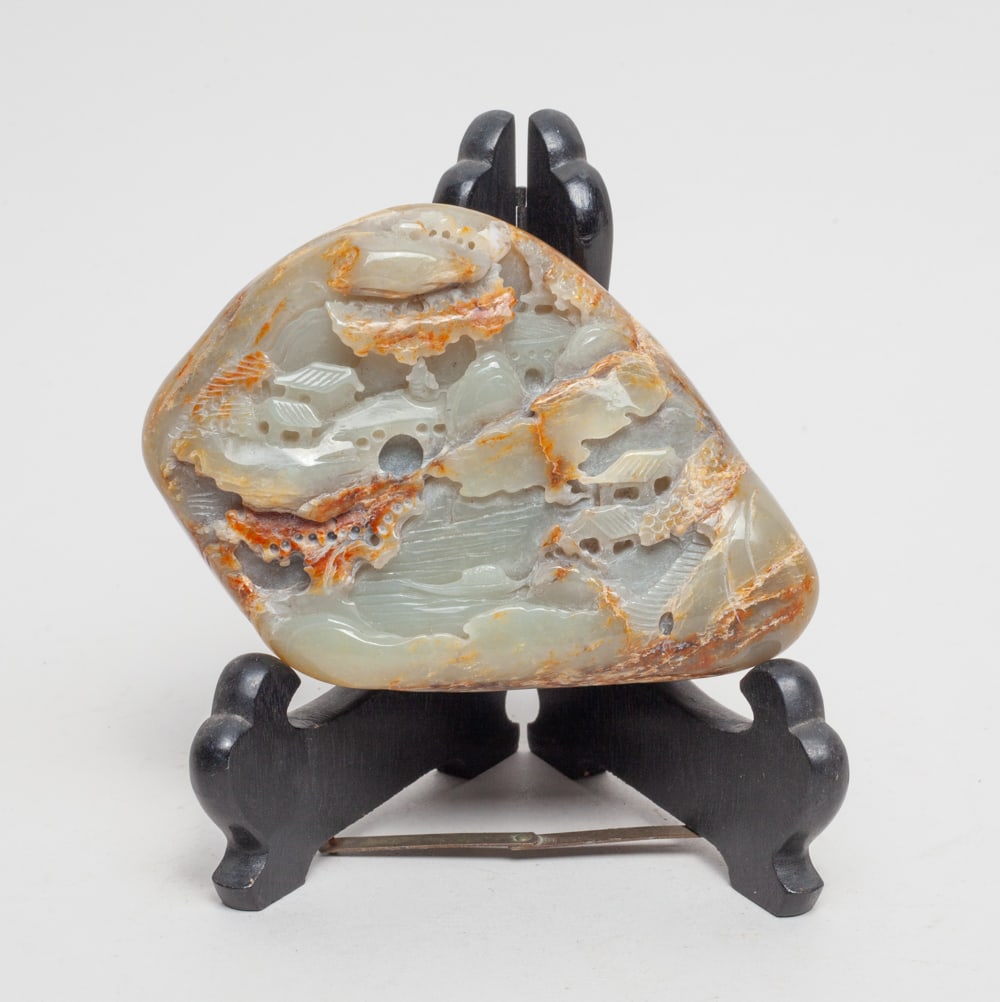 Laarge Chinese Russet Jade Sculpture w/ Stand: The Chinese Russet jade sculpture of oval shape, carved in multiple layers of relief with a Chinese countryside landscape, with bridge, pavilion, stairs, trees and distant mountain. Approx. 4.8-3.3-1.
