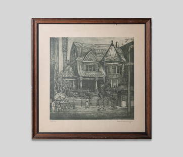 House Lithograph by Dan Wiesendanger: One collectible lithograph by Da Wiesendanger, featured a large castle-like building with multiple plants in its front yard, a female figure walking to the front gate with a figure trying to selling f