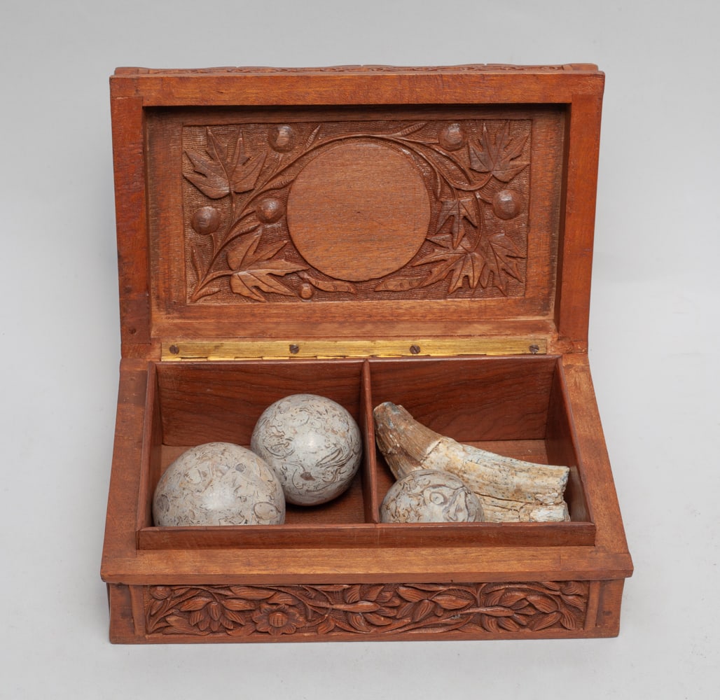 Fossilized Dinosaurs Teeth & Bone Balls: Group of a fossilized dinosaur tooth sculpture and three bone balls, with a wooded carved box. Approx.3.8-1.2-1.0 inches (Largest)