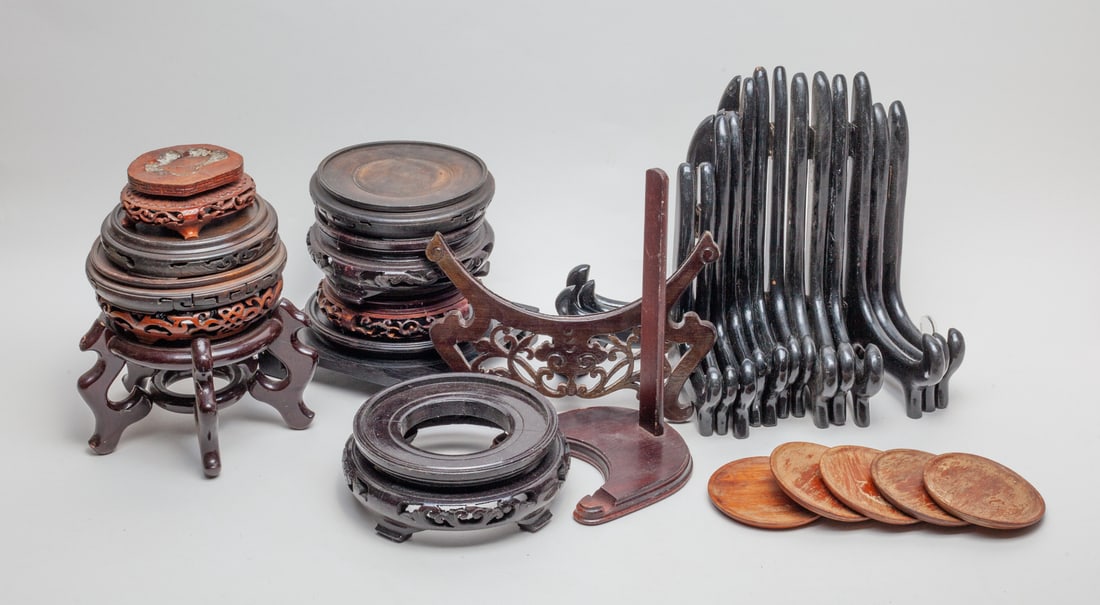 Estate Chinese Wood Stand: A group of collectible stands, forms including circular, foldable, and others. Approx. 6.2-6.2-1.8 inches (Largest).