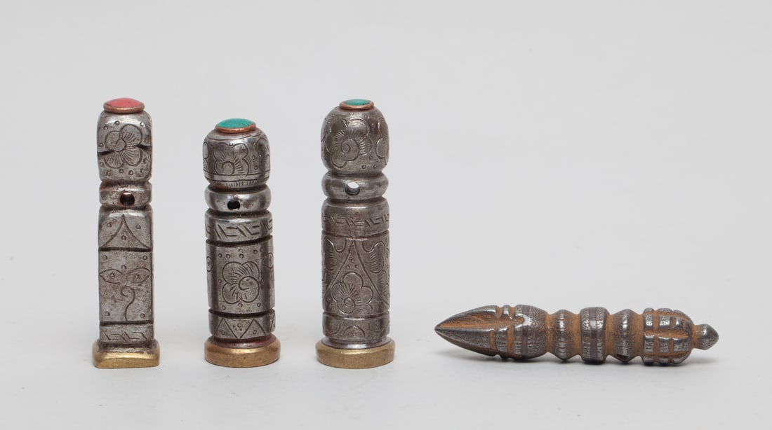 Estate Tibetan Metal Seal/ Pieces: A set of Tibetan metal collection, including three collectible seals, all carved with intricate archaistic motifs on those body, each seal face carved with unique symbol, one Buddhism instrument. Appr