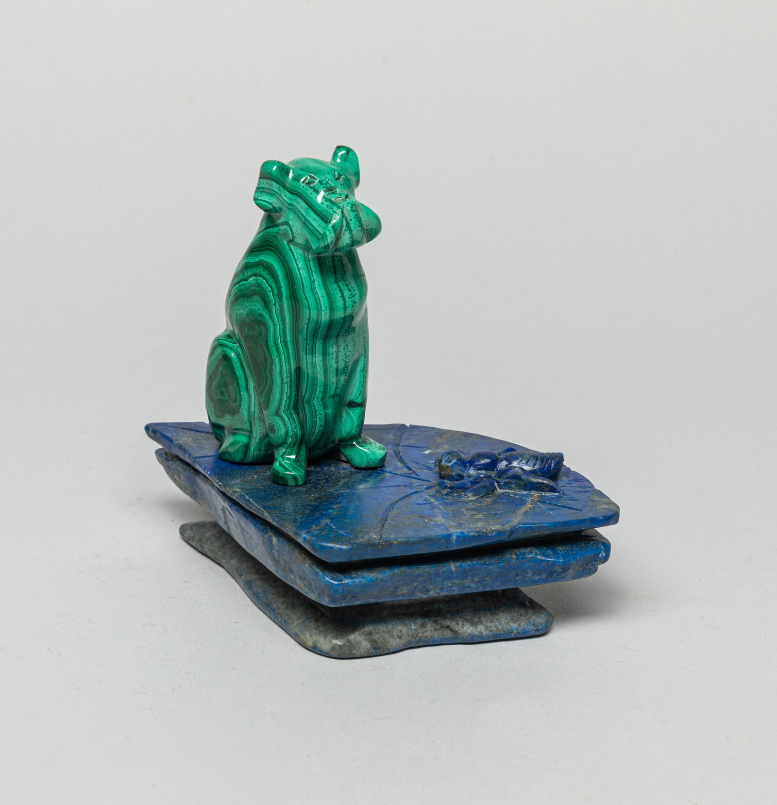Malachite & Lapis Sculpture: Featuring a sitting dog sculpture on a leaf-shaped lapis base topped a crawling insect. Approx. 3.7-5.5-5.0 inches (Total).