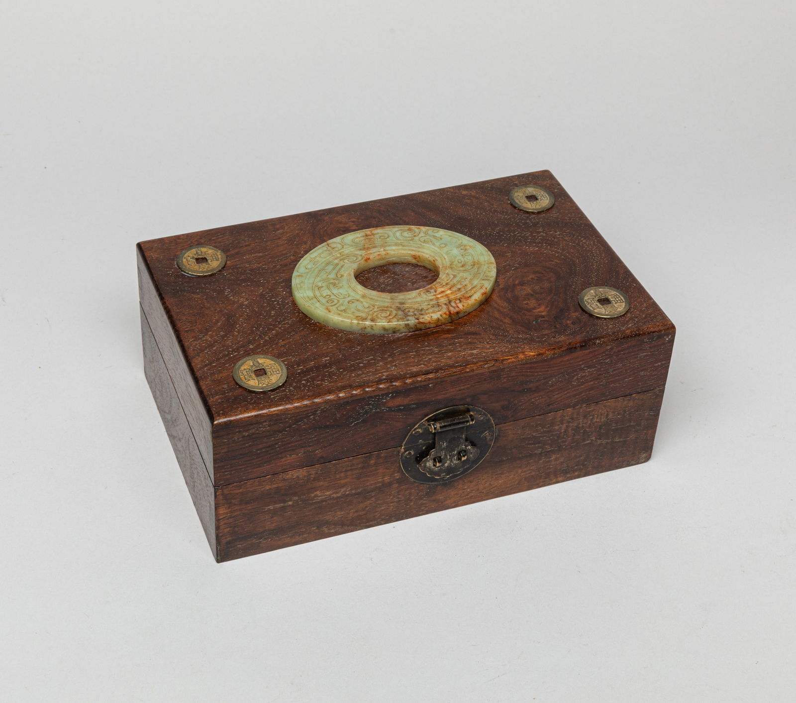 Large Chinese Wood Box Inlaid Jade & Coins (1 of 10)
