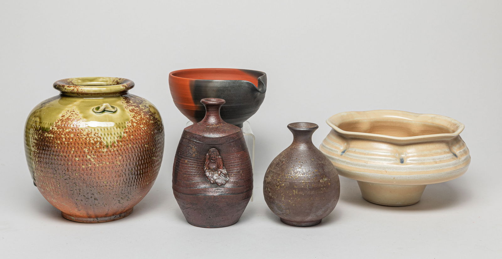 Vintage Japanese Stonewares: Group of 5 vintage Japanese stoneware pieces. Approx. 8.8-8.5-4.5 inches (Largest).