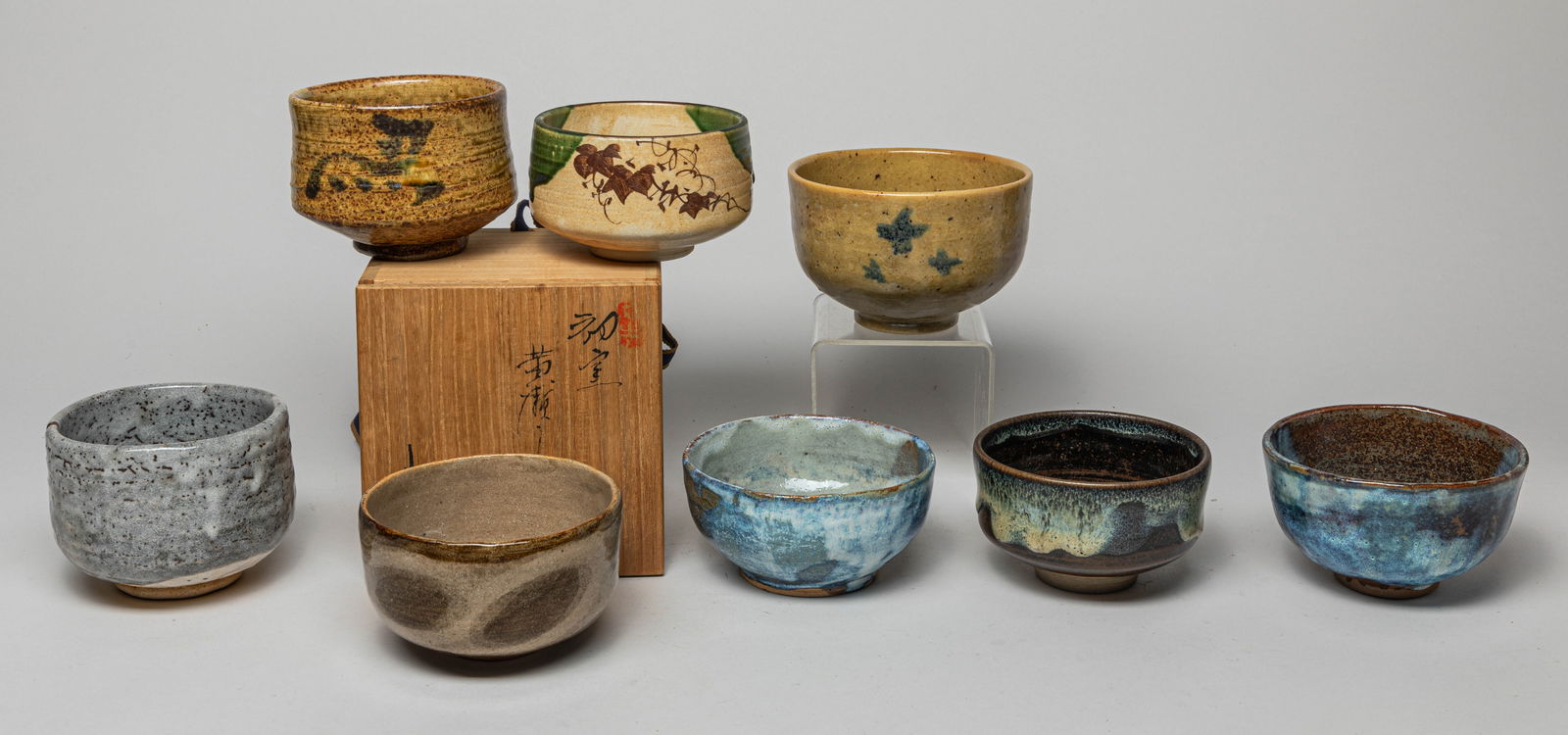 Rare Japanese Stoneware Tea Bowls: A set of rare Japanese stoneware tea bowls. Approx. 5.3-3.5 inches (Largest).
