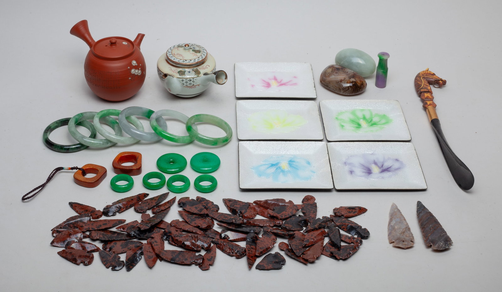 Estate Chinese Jewelry & Decors: Including bangles, rings, pendants, sculptures, stone points, teapots, dishes and a shoe horn. Size varies.