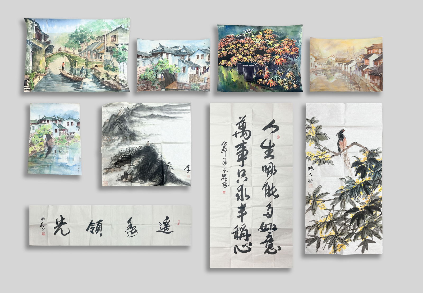 Estate Chinese Paintings: Group of Chinese watercolor painting and ink-on-paper calligraphy. Size varies.