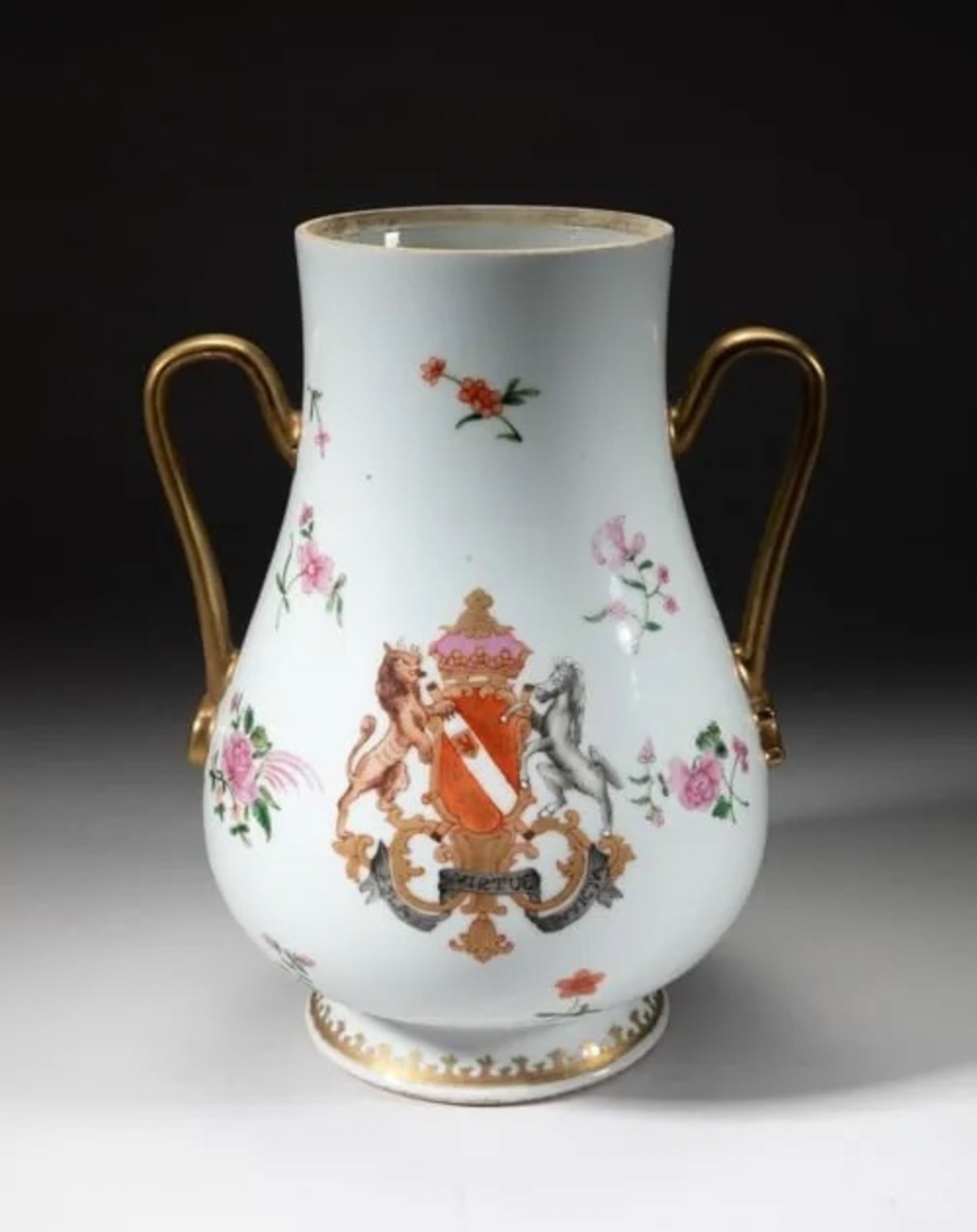 Chinese Export to France Porcelain Vase: The porcelain vase exterior painted with coat of arms and flowers, with a pair of ear-shaped handles. Approx. 10.2-8-7 inch.