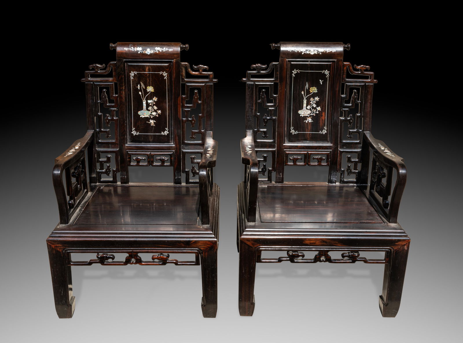 Pair Chinese Wood Chairs Inlaid MOP (1 of 12)
