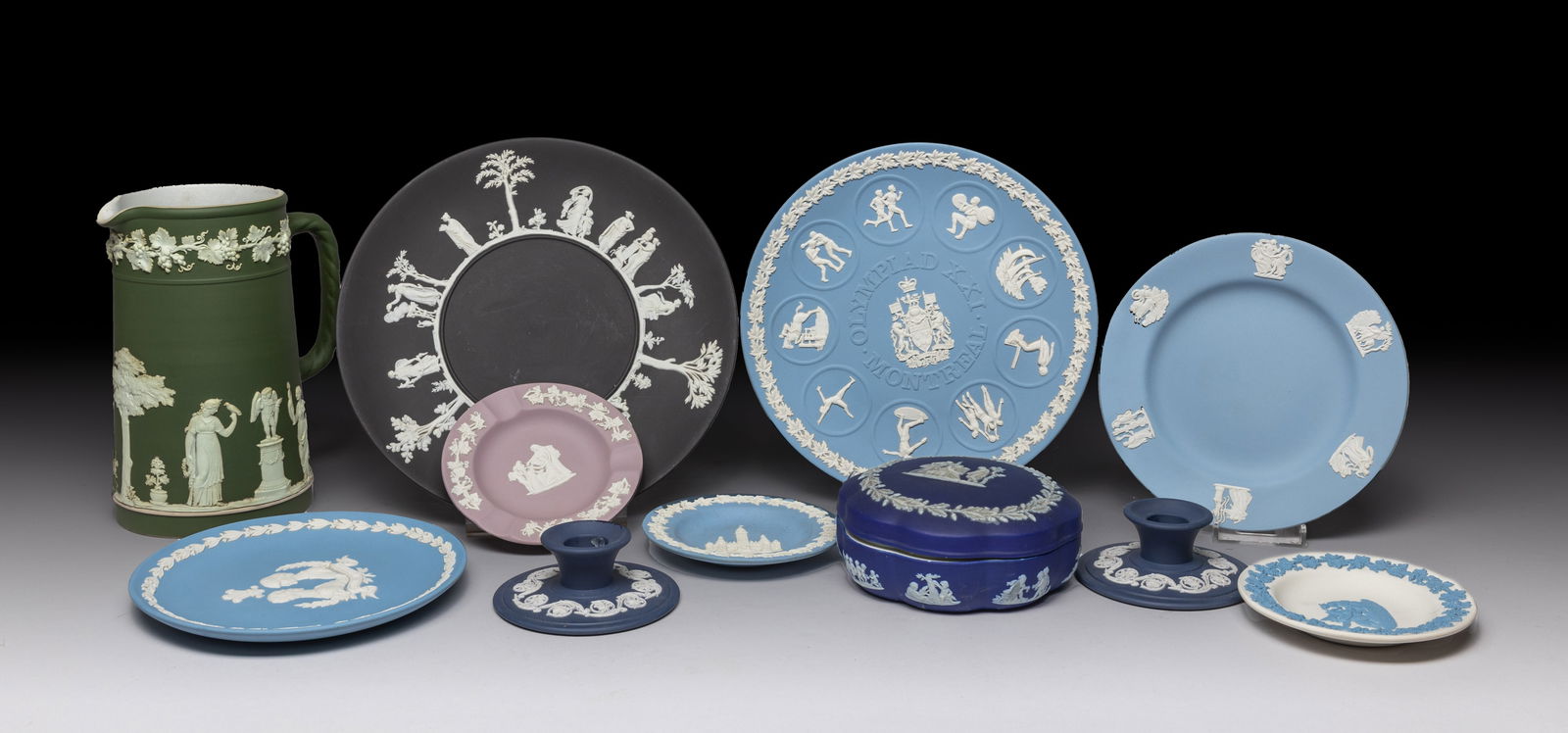 Large Set Wedgwood Jasper Wares: Group of England Wedgwood jasper pieces, including a pitcher, a covered box, 2 stands and 7 plates. Approx. 7.3*5.5*4.3 inch (pitcher size).