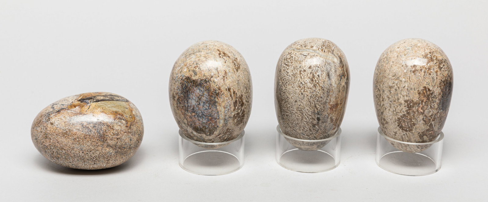 Fossilized Dinosaur Bone Cut Eggs: Group of four fossilized dinosaur bone carved egg sculptures, with three stands. Size varies.