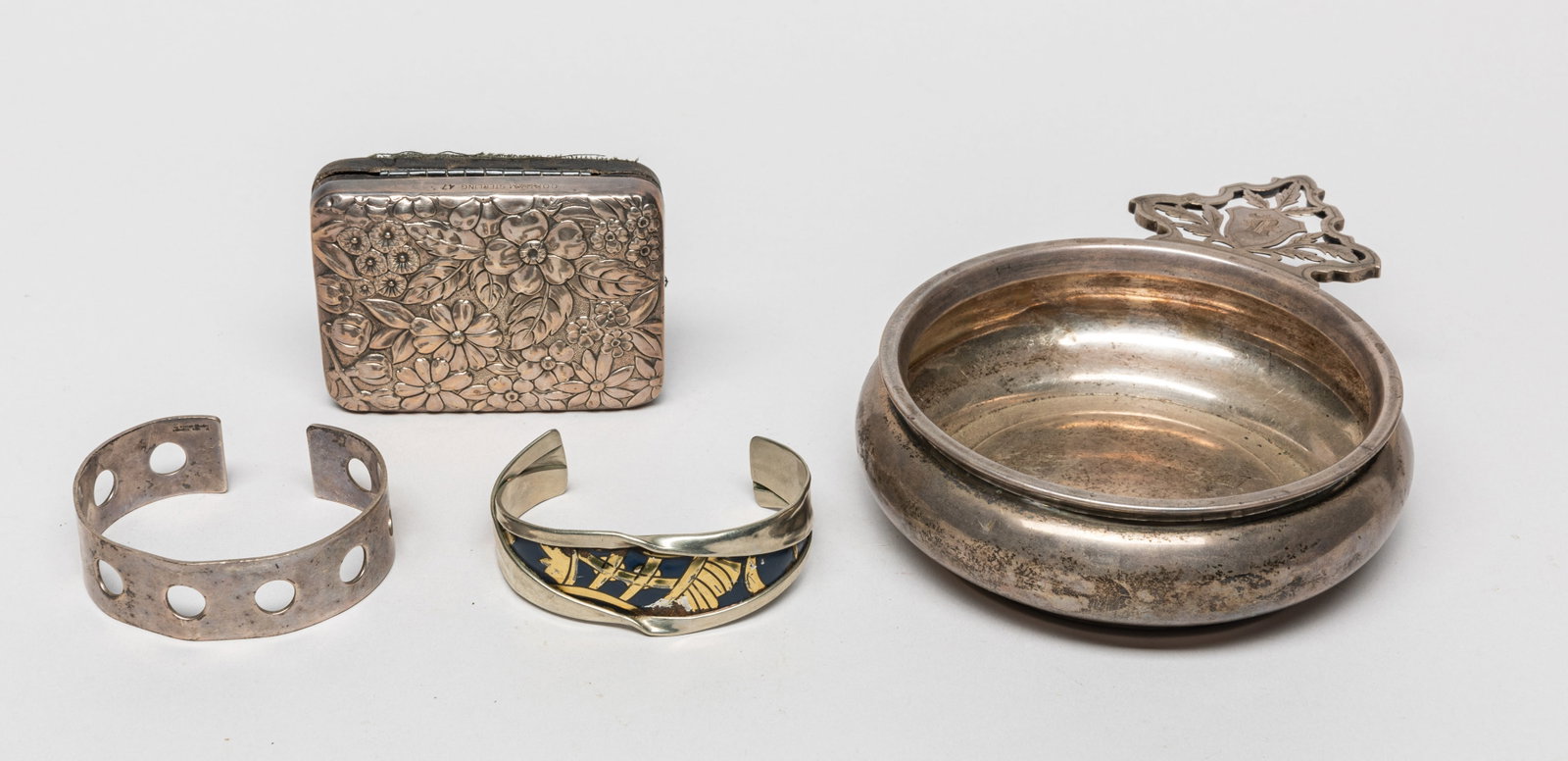 Sterling Silver/Silver Cuff Bangles, Box & Bowl: Including two cuff bangles, a jewelry box carved with flowers, and a bowl marked STERLING on the bottom. Approx. 270 gram (total gram).