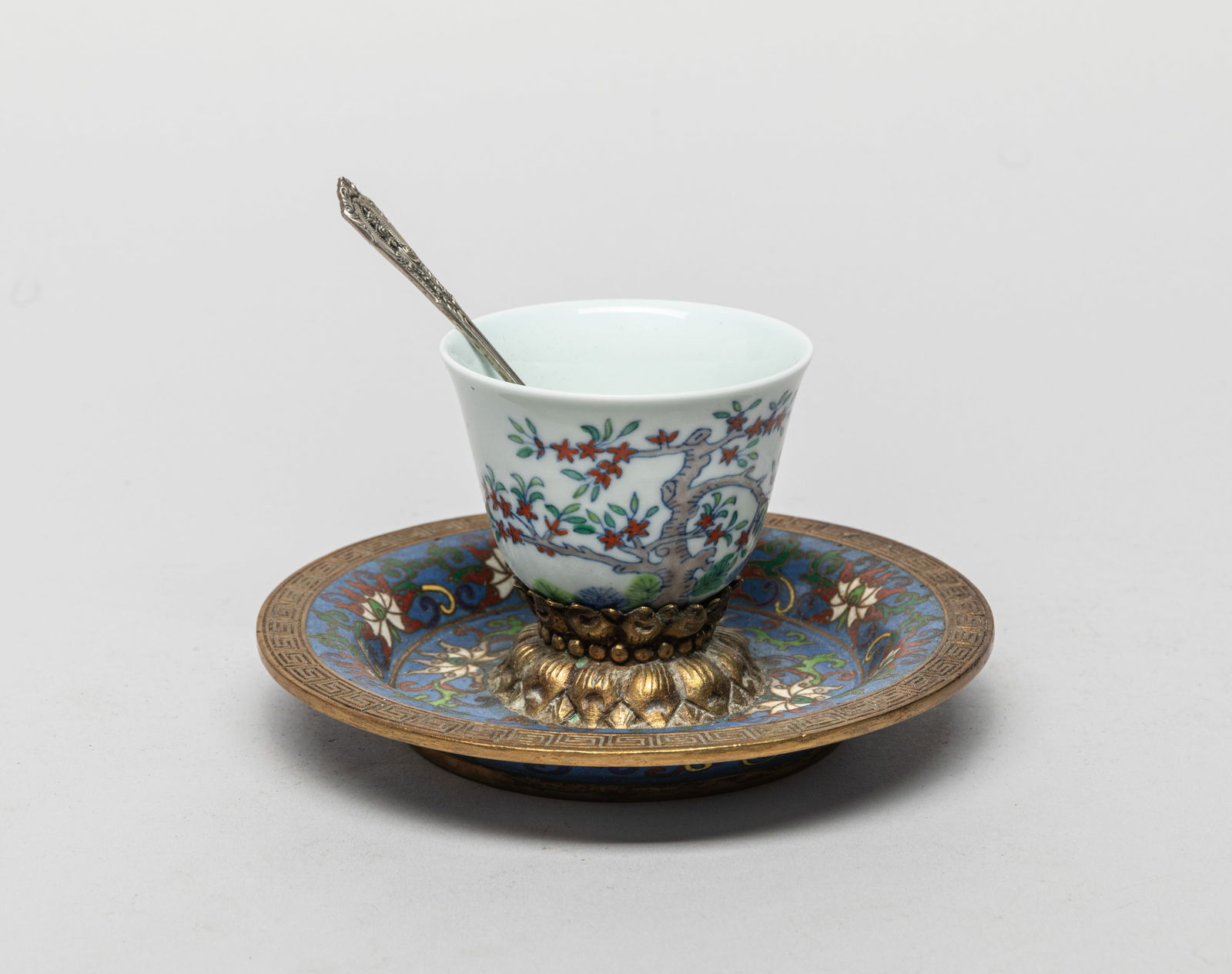 Chinese Porcelain Cup on Cloisonne w/ Silver Spoon (1 of 11)