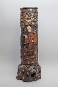 Antique Japanese Tall Bamboo Vase Inlaid MOP